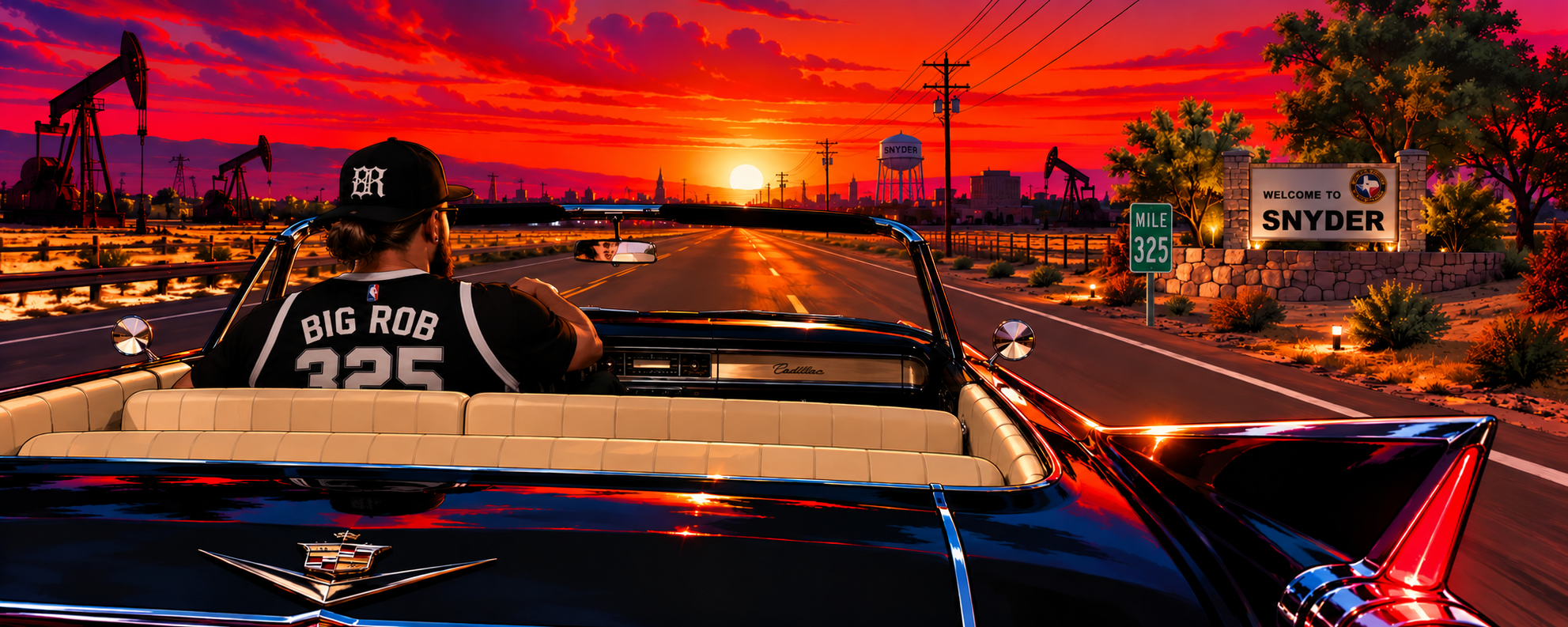 Big Rob 325 driving his Cadillac toward Snyder, Texas at sunset